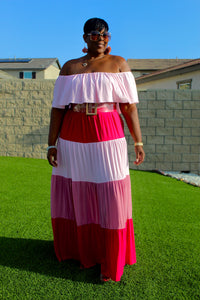 New Arrival!!! Super Cute Color Block Tiered Maxi Off Shoulder Maxi Dress