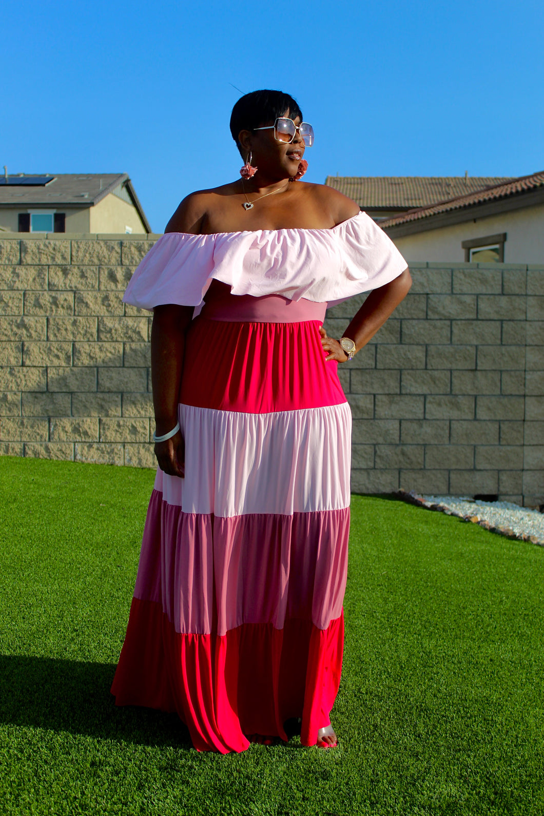 New Arrival!!! Super Cute Color Block Tiered Maxi Off Shoulder Maxi Dress