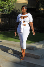 Load image into Gallery viewer, White/Brown Dress With Cut-Out Tie Fronts.