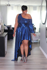 Show Stopper One Shoulder Metallic Blue Dress