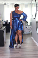 Load image into Gallery viewer, Show Stopper One Shoulder Metallic Blue Dress
