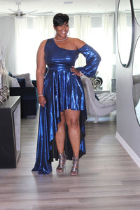 Show Stopper One Shoulder Metallic Blue Dress