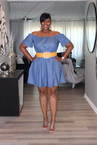 Off Shoulder Denim Dress. Belt Sold Separately