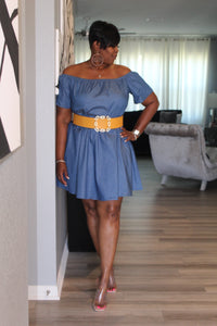 Off Shoulder Denim Dress. Belt Sold Separately