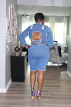 Load image into Gallery viewer, Off The Chain Denim Shorts &amp; Distressed Denim Jacket with Chains