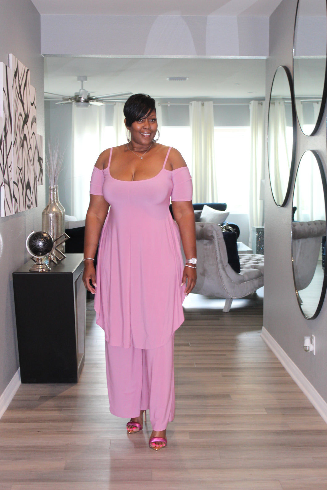 Pretty In Pink Off Shoulder Top & Palazzo Pants Set
