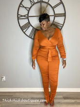 Load image into Gallery viewer, Sale Item Rust Two Piece Ruched Wrap Top &amp; Ruched Pants Set.