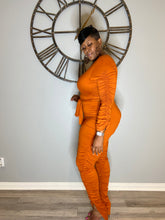 Load image into Gallery viewer, Sale Item Rust Two Piece Ruched Wrap Top &amp; Ruched Pants Set.