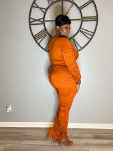 Load image into Gallery viewer, Sale Item Rust Two Piece Ruched Wrap Top &amp; Ruched Pants Set.