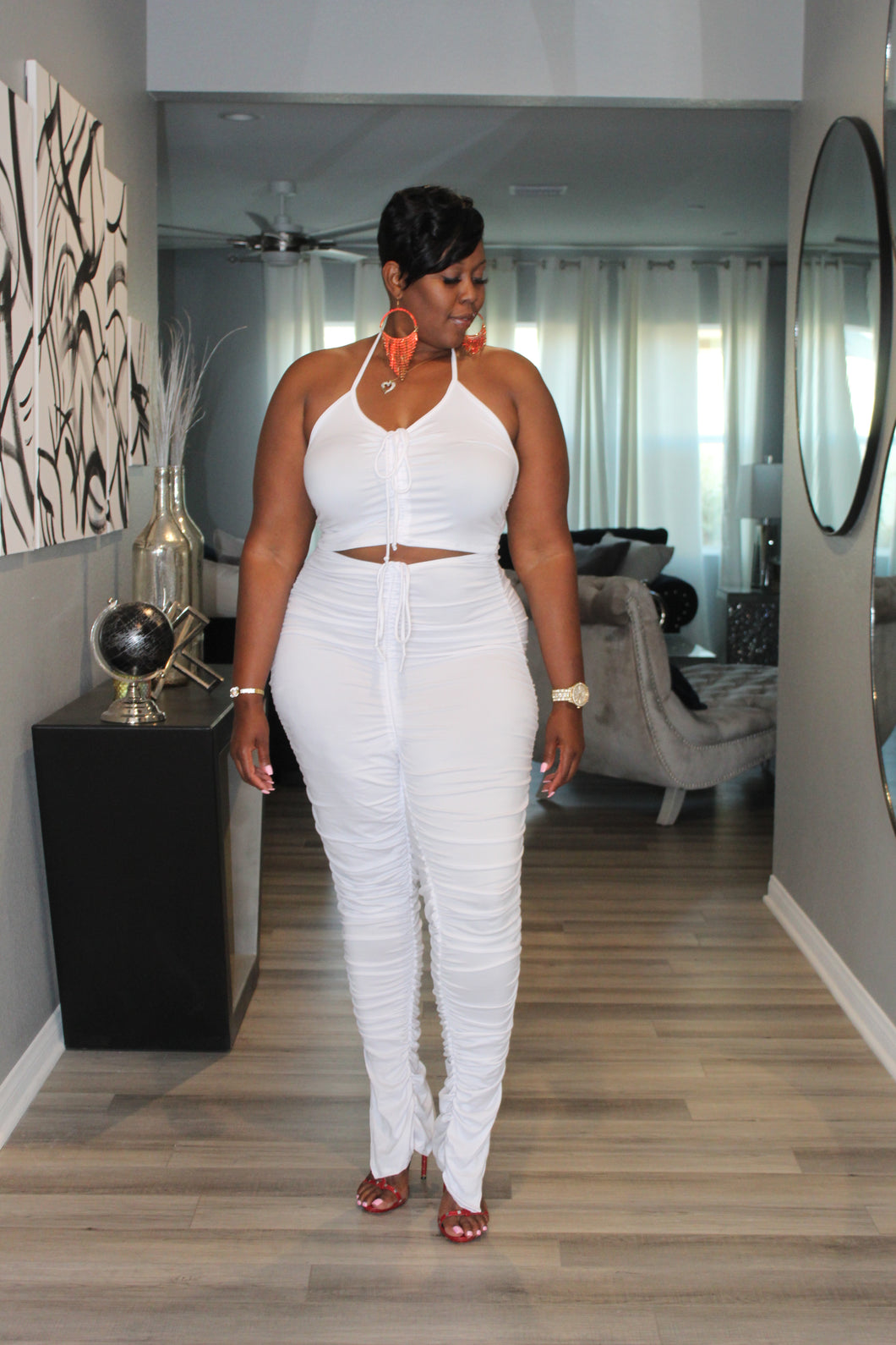 Sale Item!!! She Ready All White Ruched Cami Jumpsuit – Thick