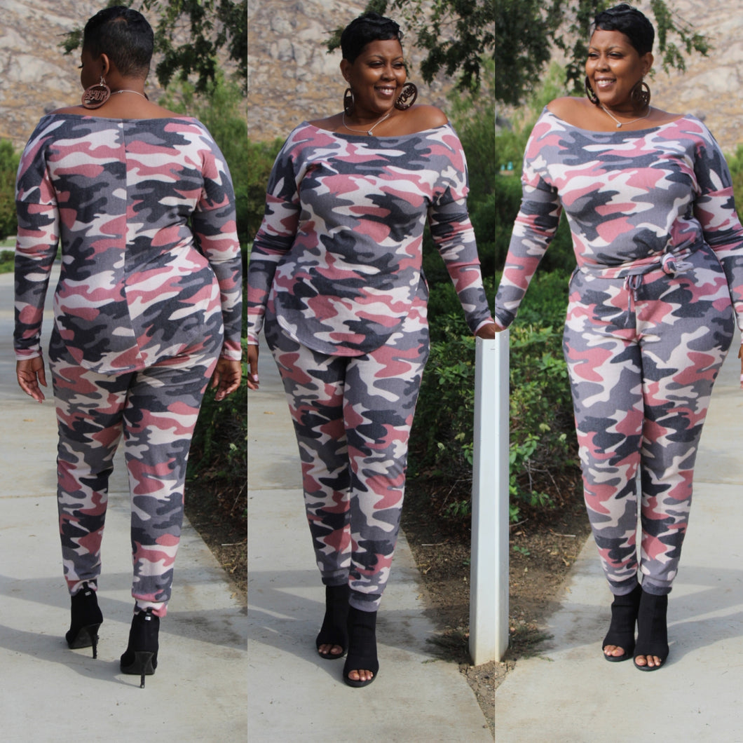 Terry Cotton Off Shoulder Camo(Pink) Two Piece Set