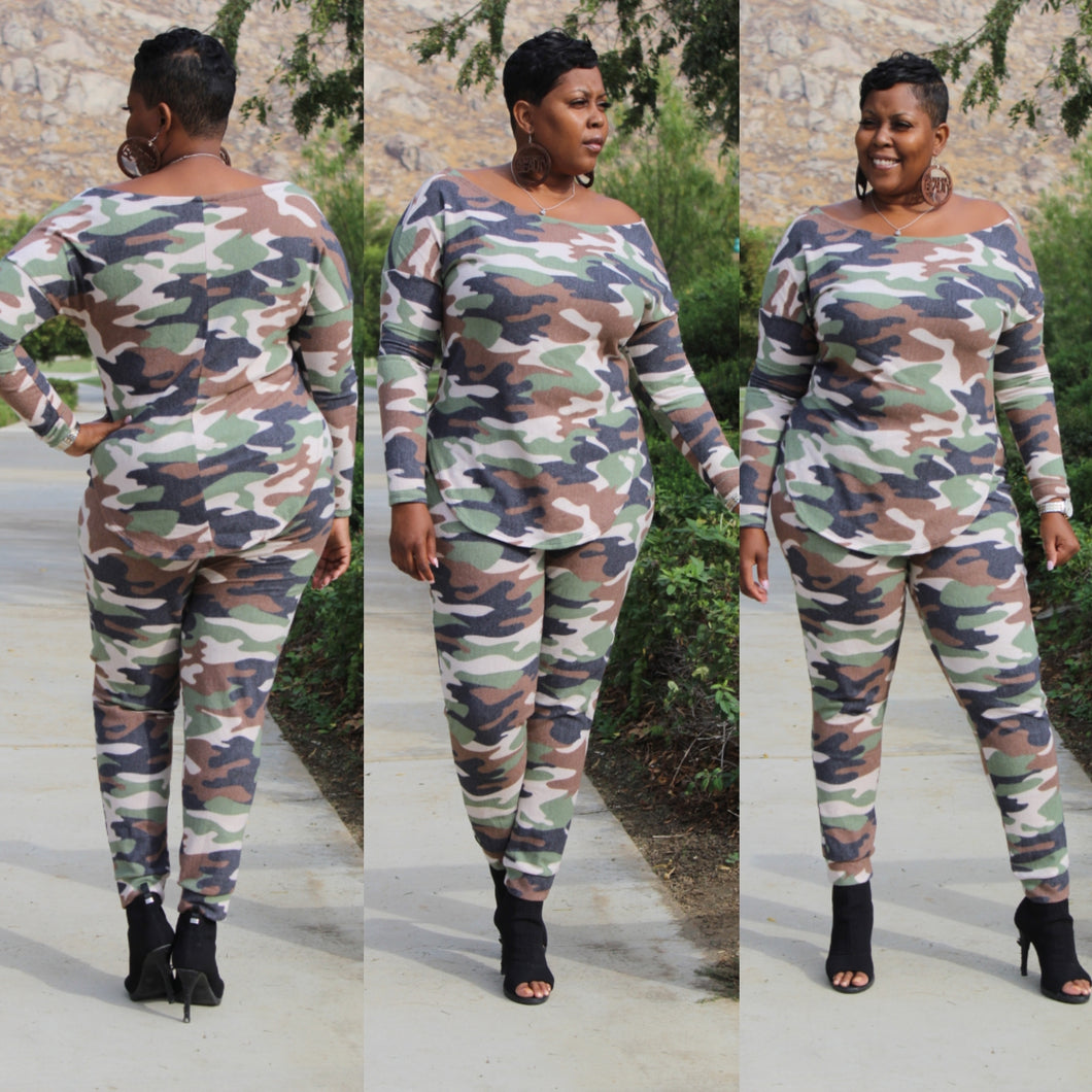 SALE ITEM (Terry Cotton Off Shoulder Camo Two Piece Set) FINAL SALE