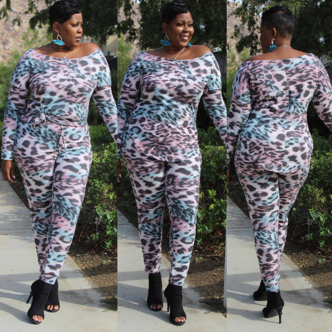 Terry Cotton Cheetah Print (Pink & Purple) Off Shoulder Set