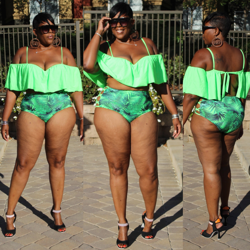 Fabulous Fluorescent Green High Waist Two Piece Swimsuit